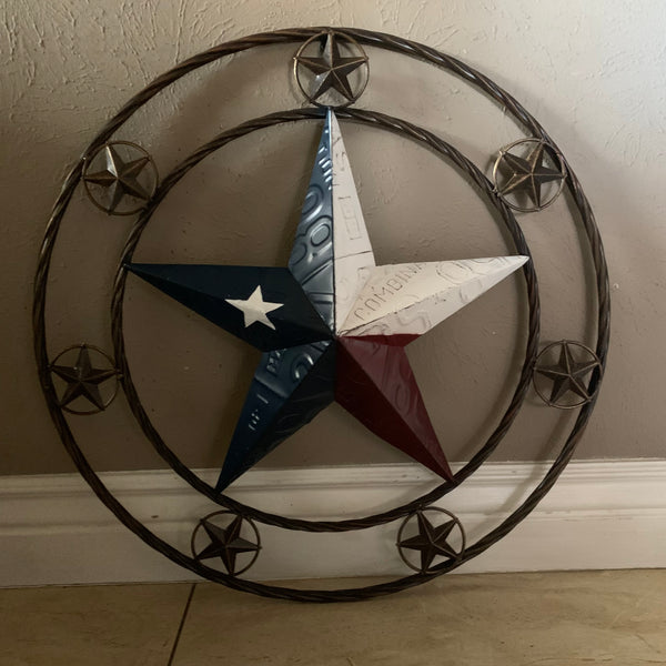 24" LICENSE PLATE MULTI STAR RED WHITE BLUE METAL BARN STAR WESTERN HOME DECOR NEW