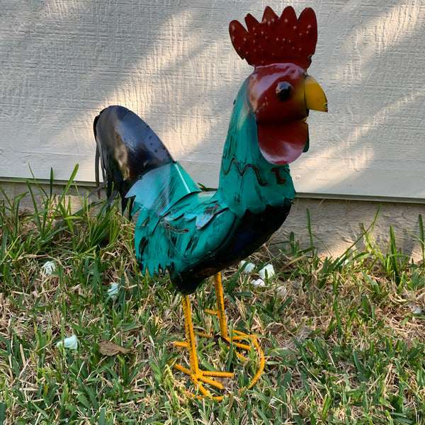 #34-041 RUSTIC TURQUOISE ROOSTER 20",30",40" CHICKEN GARDEN ANIMAL SCULPTURE METAL DECOR ORNAMENT HANDMADE