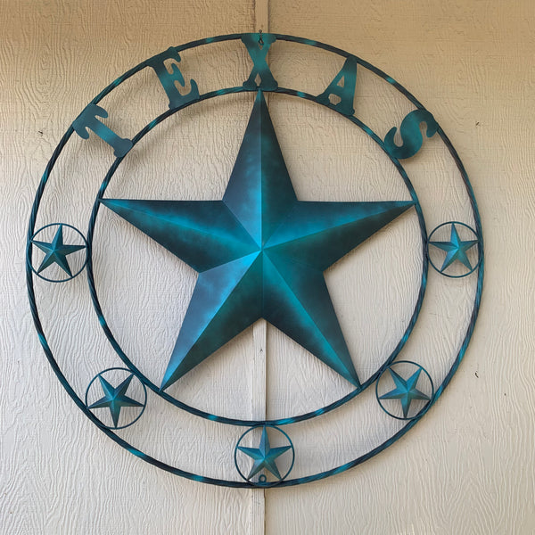 50" TEXAS LONESTAR TURQUOISE DISTRESSED TWO TONE METAL BARN STAR TWISTED ROPE RING WALL ART WESTERN HOME DECOR HANDMADE NEW #EH10483
