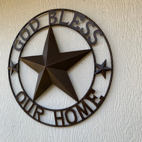#EH11021 GOD BLESS OUR HOME BARN METAL STAR TWISTED ROPE RING WESTERN HOME DECOR HANDMADE NEW