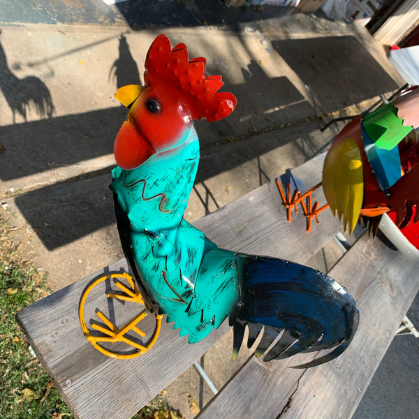 #34-041 RUSTIC TURQUOISE ROOSTER 20",30",40" CHICKEN GARDEN ANIMAL SCULPTURE METAL DECOR ORNAMENT HANDMADE