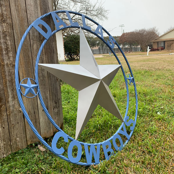 DALLAS COWBOYS SILVER & LIGHT BLUE BARN STAR CUSTOM VINTAGE METAL LONE STAR ART WESTERN HOME DECOR SIZE:24",32",36",40",42",44",46",50"
