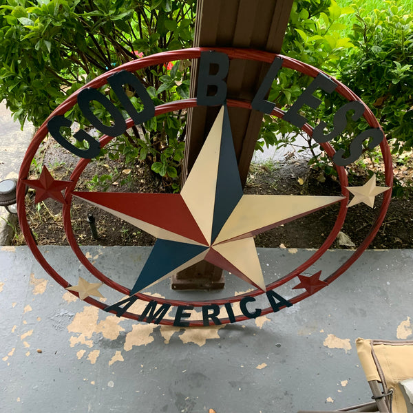 #EH10489 GOD BLESS AMERICA USA FLAG BARN STAR METAL RED WHITE BLUE WESTER HOME DECOR HANDMADE NEW