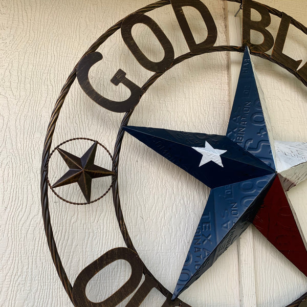 24", 32", 40" GOD BLESS OUR HOME LICENSE PLATE BARN METAL STAR ROPE RING WALL ART WESTERN HOME DECOR RED WHITE & BLUE
