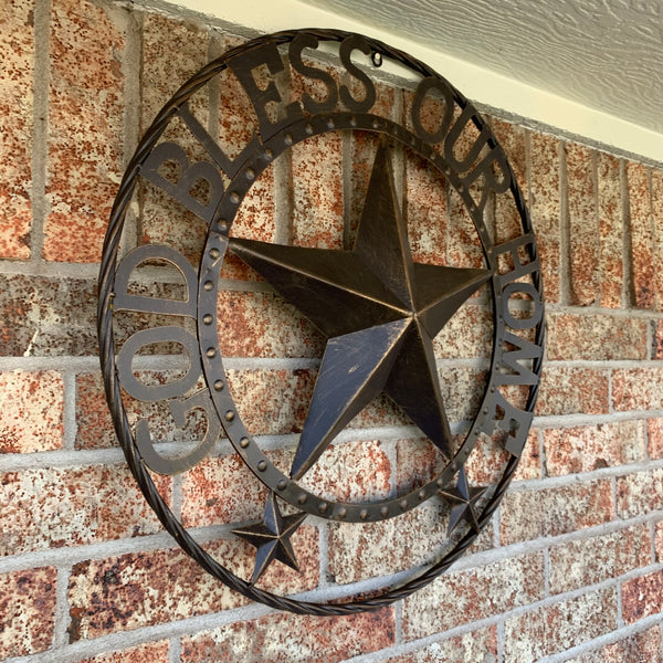 24" GOD BLESS OUR HOME BEADED BARN STAR WITH TWISTED ROPE RING DESIGN METAL WALL ART WESTERN HOME DECOR VINTAGE RUSTIC DARK BRONZE COPPER NEW