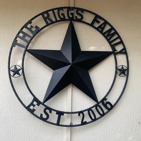 RIGGS FAMILY STYLE YOUR CUSTOM FAMILY NAME STAR METAL BARN STAR ROPE RING WESTERN HOME DECOR VINTAGE RUSTIC BLACK NEW HANDMADE 24",32",34",36",40",42",44",46",50"