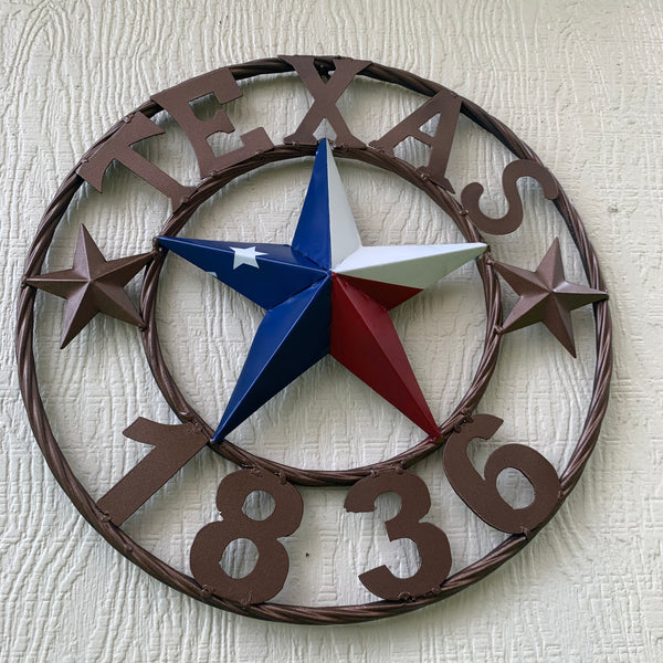 16" TEXAS 1836 RED WHITE BLUE TEXAS FLAG STAR BRONZE RING METAL BARN STAR WESTERN HOME DECOR HANDMADE NEW ART