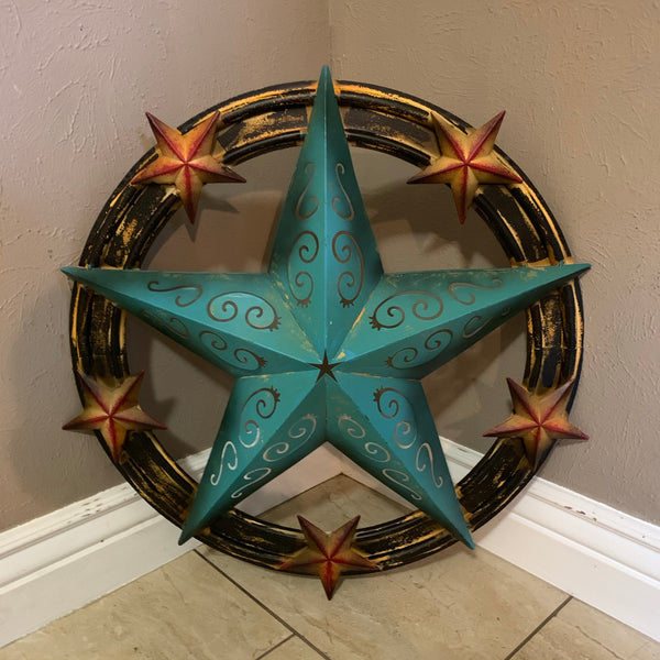 #RT5045 TURQUOISE CARVED CUT STAR 26",36", BARN METAL WESTERN HOME DECOR HANDMADE NEW