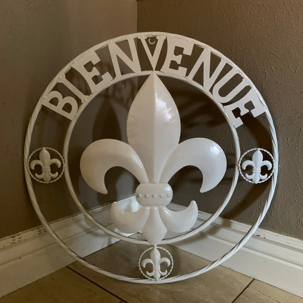 24", 32" GLOSS WHITE FLEUR DE LIS BIENVENUE METAL WALL ART WESTERN HOME DECOR