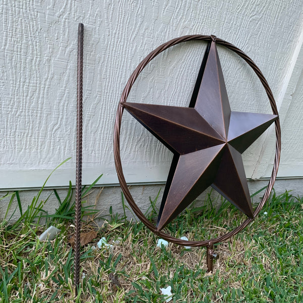 12",16",24" DOUBLE STAR ON STAKE METAL BRONZE COPPER BARN STAR WITH TWISTED ROPE RING CRAFT WESTERN HOME DECOR RUSTIC DECOR