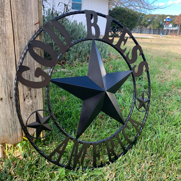#EH10562 GOD BLESS AMERICA BLACK METAL BARN LONE STAR WESTERN HOME DECOR HANDMADE NEW
