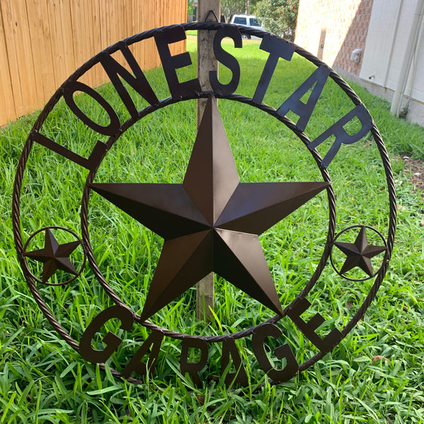 LONESTAR GARAGE STYLE CUSTOM BARN NAME STAR LONESTAR GARAGE METAL NAME BARN STAR WITH TWISTED ROPE RING 3d STAR ART WESTERN HOME DECOR RUSTIC BROWN