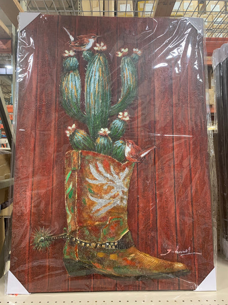 RA0104 28"x40" CACTUS WITH BOOT CANVAS PAINTING PICTURE WESTERN COUNTRY HOME DECOR HANDMADE