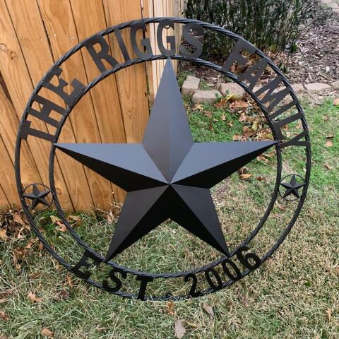 RIGGS FAMILY STYLE YOUR CUSTOM FAMILY NAME STAR METAL BARN STAR ROPE RING WESTERN HOME DECOR VINTAGE RUSTIC BLACK NEW HANDMADE 24",32",34",36",40",42",44",46",50"