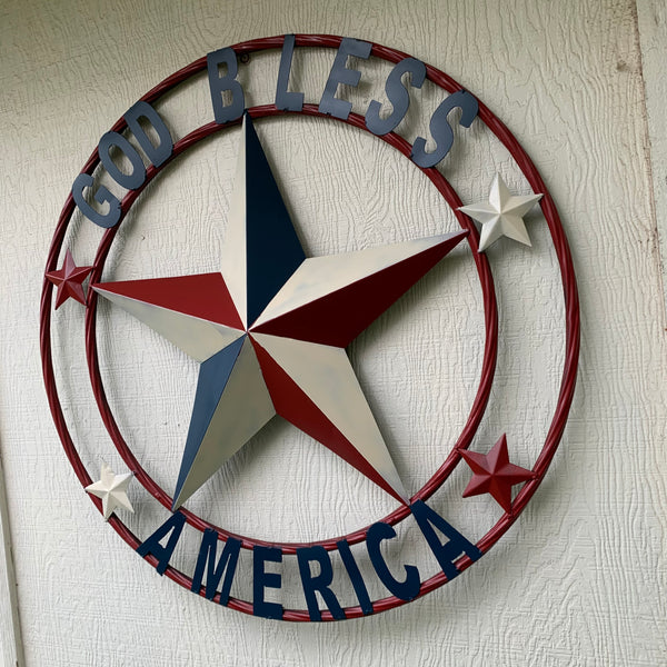 #EH10489 GOD BLESS AMERICA USA FLAG BARN STAR METAL RED WHITE BLUE WESTER HOME DECOR HANDMADE NEW