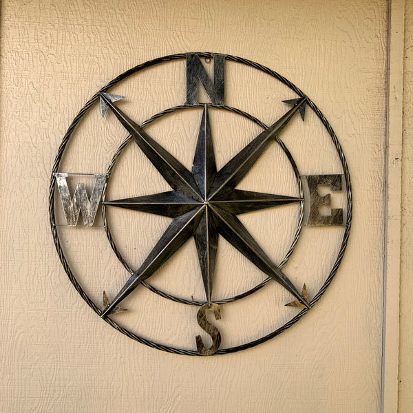 36" COMPASS GREY METAL ART WESTERN METAL ART HOME WALL DECOR RUSTIC GREY