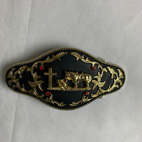 6.5" X 3.5" COWBOY PRAYER CHURCH RHINESTONE BELT BUCKLE BLACK & GOLD WESTERN BUCKLE FASHION ART NEW #EH12272