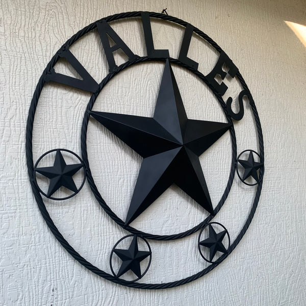 VALLES STYLE YOUR CUSTOM NAME STAR BLACK METAL BARN STAR 3d TWISTED ROPE RING WESTERN HOME DECOR VINTAGE BRONZE RUSTIC NEW HANDMADE 24",32",34",36",40",42",44",46",50"