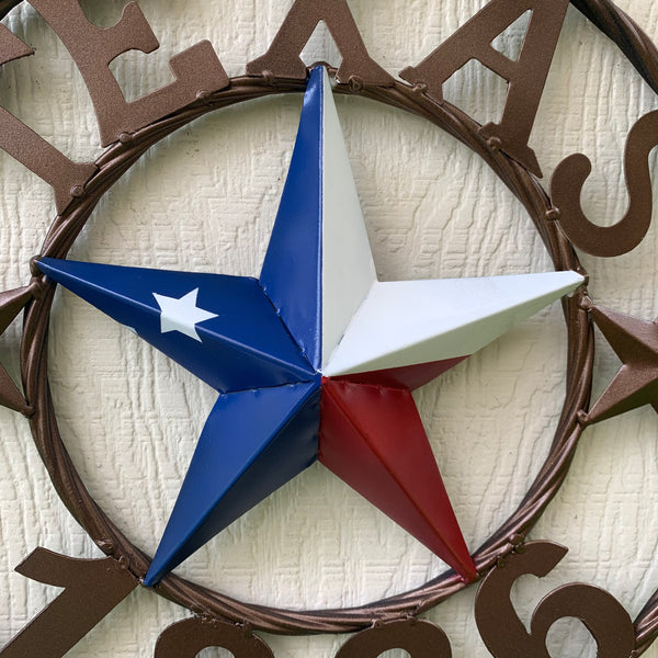 16" TEXAS 1836 RED WHITE BLUE TEXAS FLAG STAR BRONZE RING METAL BARN STAR WESTERN HOME DECOR HANDMADE NEW ART