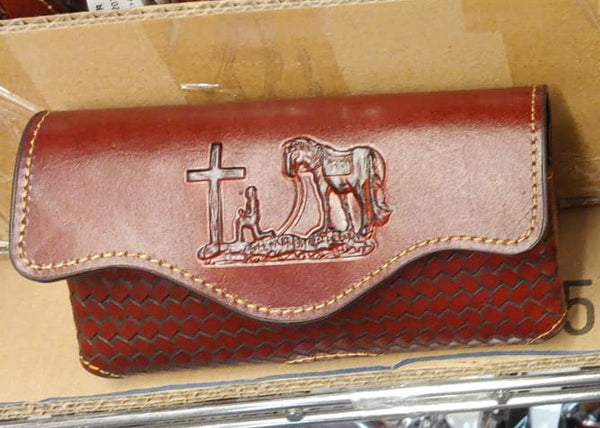 #LG703907  7" COWBOY PRAYING CHURCH BROWN EMBOSSED LEATHER POUCH EXTRA LARGE  BELT LOOP HOLSTER CELL PHONE CASE UNIVERSAL OVERSIZE
