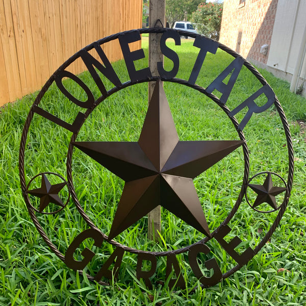 LONESTAR GARAGE STYLE CUSTOM BARN NAME STAR LONESTAR GARAGE METAL NAME BARN STAR WITH TWISTED ROPE RING 3d STAR ART WESTERN HOME DECOR RUSTIC BROWN