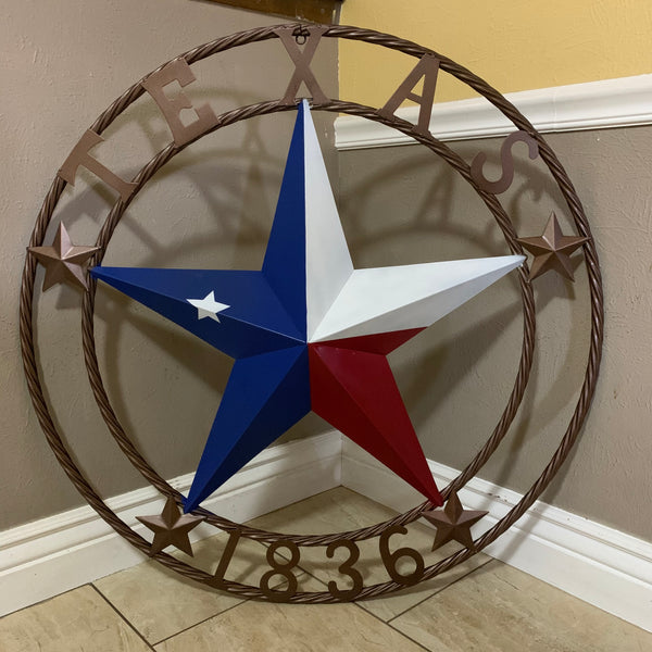 TEXAS 1836 RED WHITE BLUE BARN STAR WITH TWISTED BRONZE ROPE RING DESIGN METAL WALL ART WESTERN HOME DECOR VINTAGE RUSTIC TEXAS FLAG COLORS NEW