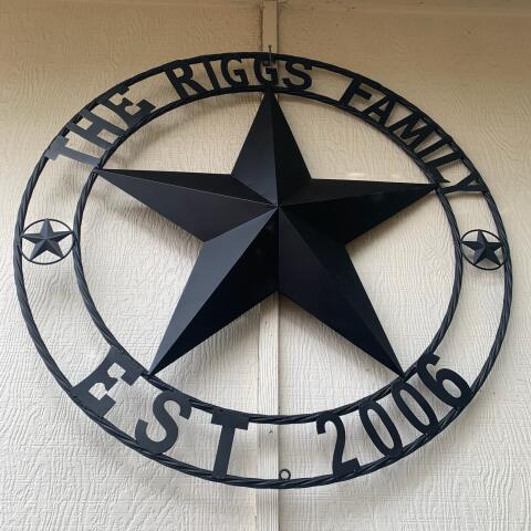 RIGGS FAMILY STYLE YOUR CUSTOM FAMILY NAME STAR METAL BARN STAR ROPE RING WESTERN HOME DECOR VINTAGE RUSTIC BLACK NEW HANDMADE 24",32",34",36",40",42",44",46",50"