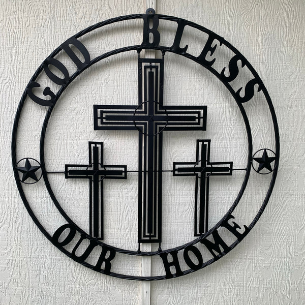 40"GOD BLESS OUR HOME CRUCIFIX CROSS METAL WALL ART BLACK HANDMADE NEW