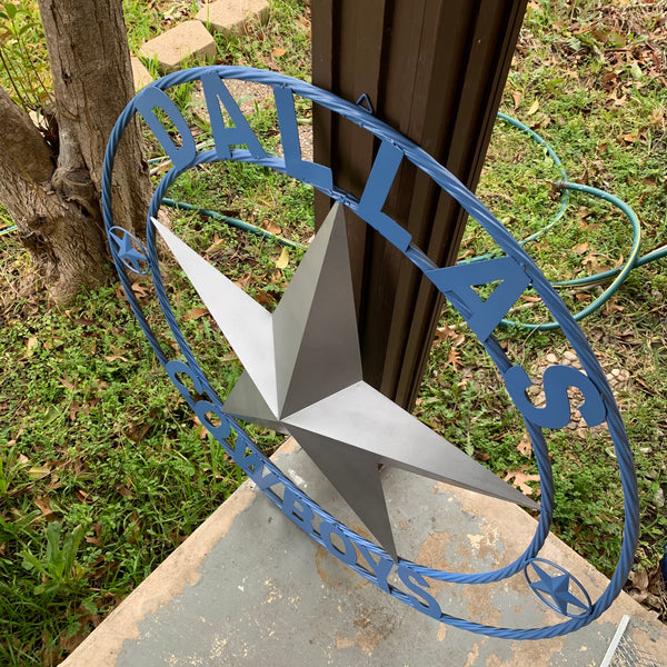 DALLAS COWBOYS SILVER & LIGHT BLUE BARN STAR CUSTOM VINTAGE METAL LONE STAR ART WESTERN HOME DECOR SIZE:24",32",36",40",42",44",46",50"