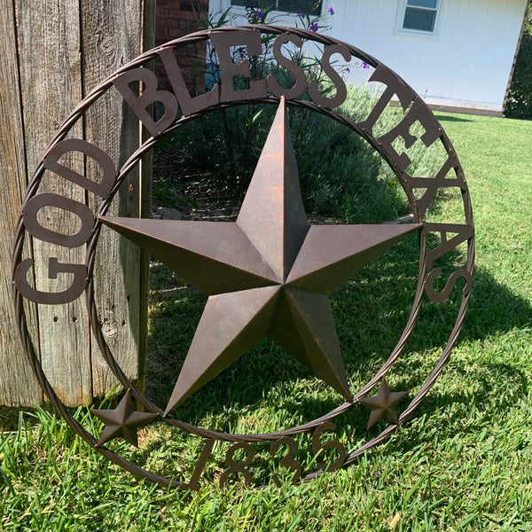 24",32" 1836 GOD BLESS TEXAS 1836 BARN METAL STAR TWISTED ROPE RING WESTERN HOME DECOR RUSTIC BRONZE NEW