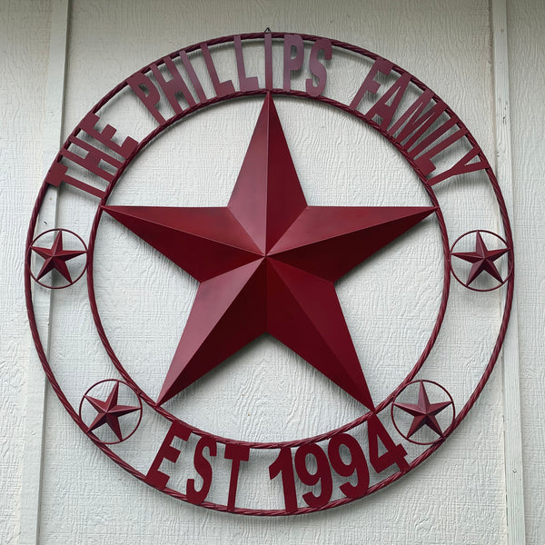 LOPEZ CUSTOM STAR NAME BARN METAL STAR 3d TWISTED ROPE RING WESTERN HOME DECOR RUSTIC  BRONZE HANDMADE 24",32",34",36",40",42",44",46",50"