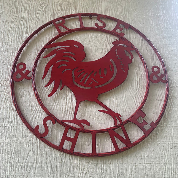 #SI_B9504 RISE & SHINE 24" RED ROOSTER CHICKEN METAL SIGN WESTERN HOME DECOR HANDMADE NEW