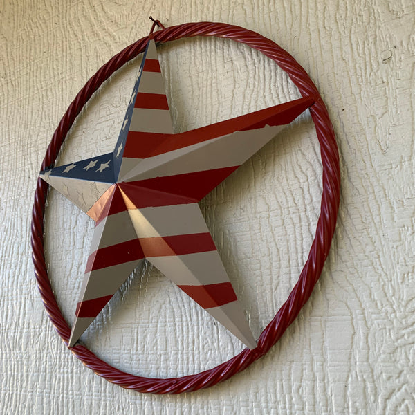 AMERICAN Flag USA Metal Barn Star RED , BEIGE, NAVY BLUE WITH RED Rope Ring Western Home Decor Handmade 12",16",24",30",34",36",40",48"