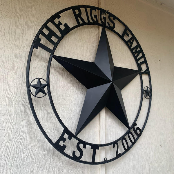 RIGGS FAMILY STYLE YOUR CUSTOM FAMILY NAME STAR METAL BARN STAR ROPE RING WESTERN HOME DECOR VINTAGE RUSTIC BLACK NEW HANDMADE 24",32",34",36",40",42",44",46",50"