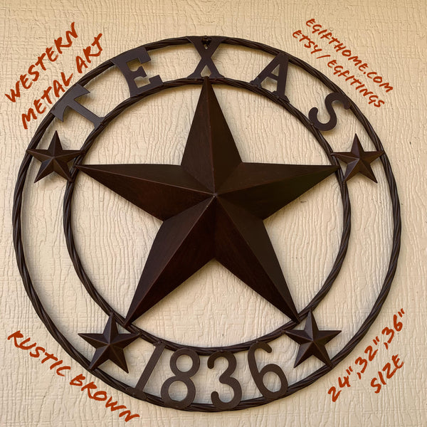 24", 32",36",40" TEXAS 1836 RUSTIC BROWN BARN STAR METAL WALL WESTERN HOME DECOR HANDMADE