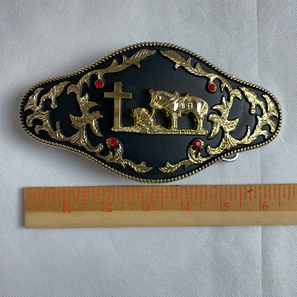 6.5" X 3.5" COWBOY PRAYER CHURCH RHINESTONE BELT BUCKLE BLACK & GOLD WESTERN BUCKLE FASHION ART NEW #EH12272