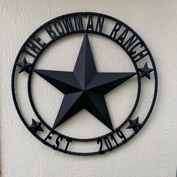 CREEKSIDE FARM STYLE YOUR CUSTOM NAME BARN BLACK STAR 3d WITH TWISTED ROPE RING DESIGN METAL WALL ART WESTERN HOME DECOR NEW HANDMADE, 24", 32", 36", 40", 44", 46", 50"