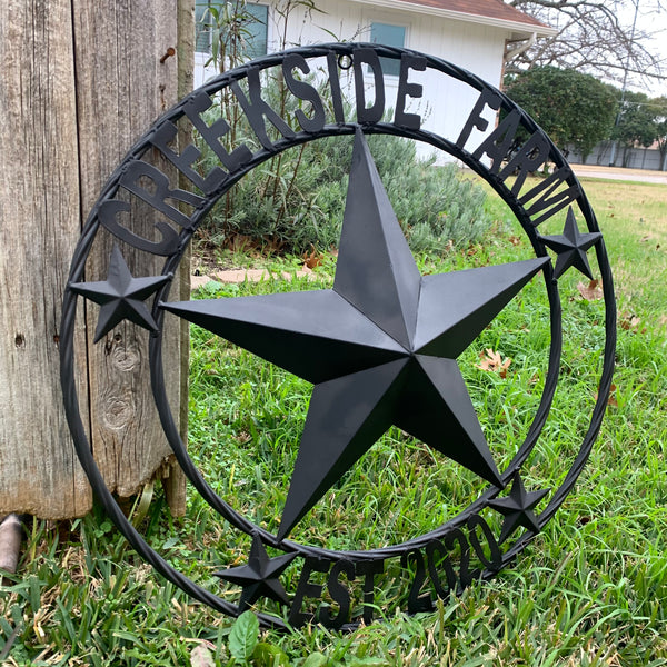 CREEKSIDE FARM STYLE YOUR CUSTOM NAME BARN BLACK STAR 3d WITH TWISTED ROPE RING DESIGN METAL WALL ART WESTERN HOME DECOR NEW HANDMADE, 24", 32", 36", 40", 44", 46", 50"
