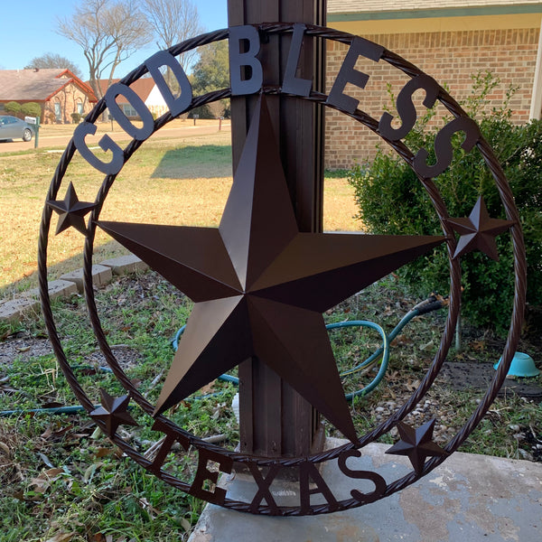 #EH11085 GOD BLESS TEXAS BROWN BARN STAR METAL LONE STAR TWISTED ROPE RING WESTERN HOME DECOR HANDMADE NEW