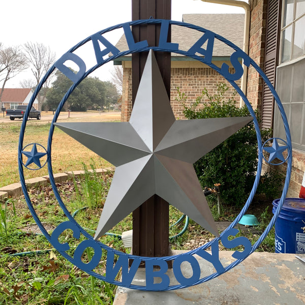 DALLAS COWBOYS SILVER & LIGHT BLUE BARN STAR CUSTOM VINTAGE METAL LONE STAR ART WESTERN HOME DECOR SIZE:24",32",36",40",42",44",46",50"