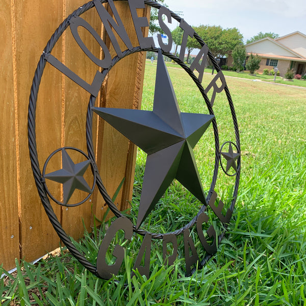 LONESTAR GARAGE STYLE CUSTOM BARN NAME STAR LONESTAR GARAGE METAL NAME BARN STAR WITH TWISTED ROPE RING 3d STAR ART WESTERN HOME DECOR RUSTIC BROWN