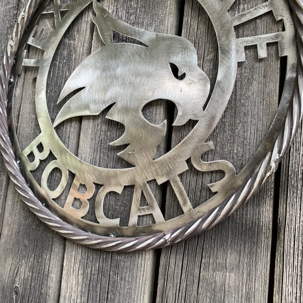 12" TEXAS STATE BOBCATS CUSTOM RAW METAL VINTAGE CRAFT SIGN TEAM ART HANDMADE IN TEXAS