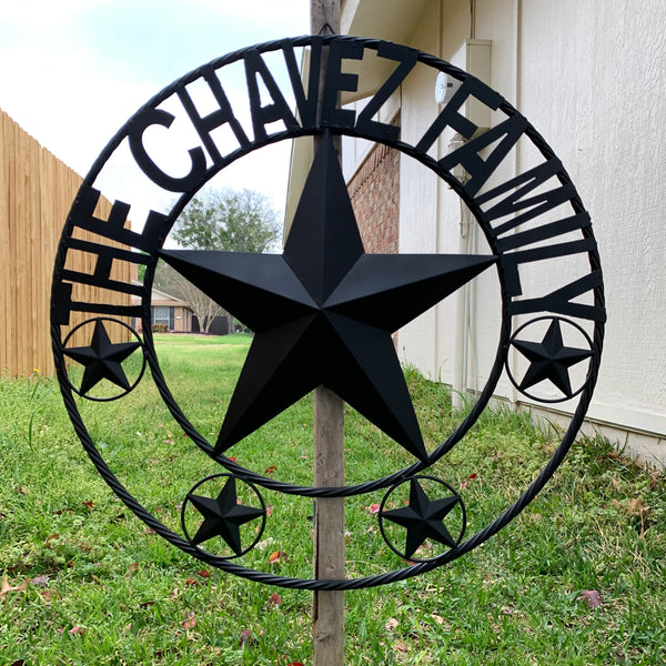 CHAVEZ STYLE CUSTOM FAMILY NAME STAR BLACK STEEL METAL BARN STAR ROPE RING WESTERN HOME DECOR VINTAGE NEW HANDMADE 24",32",34",36",40",42",44",46",50"