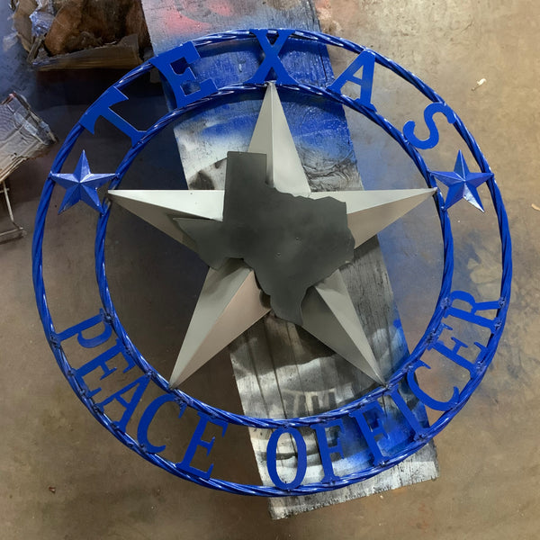 24", 32", 36",40" TEXAS PEACE OFFICER BARN CUSTOM STAR METAL WALL WESTERN HOME DECOR RUSTIC BLUE & GREY HANDMADE