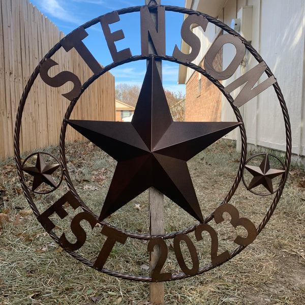 STENSON STYLE YOUR CUSTOM STAR NAME BARN METAL STAR 3d TWISTED ROPE RING WESTERN HOME DECOR RUSTIC BRONZE COPPER NEW HANDMADE 24",32",34",36",40",42",44",46",50"