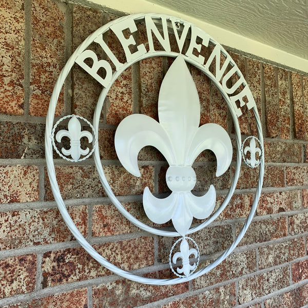 24", 32" GLOSS WHITE FLEUR DE LIS BIENVENUE METAL WALL ART WESTERN HOME DECOR