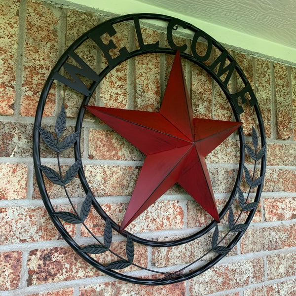 24" WELCOME LEAF LEAVES STAR METAL WALL ART WESTERN HOME DECOR RUSTIC RED HANDMADE