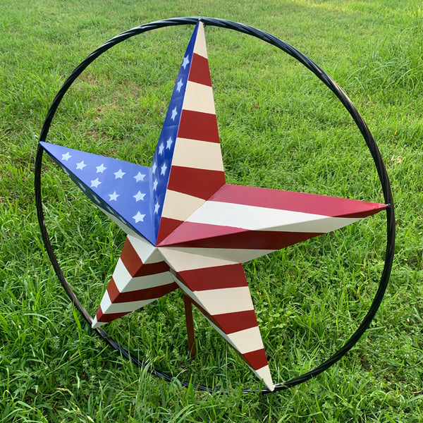 AMERICAN Flag USA Metal Barn Star RED WHITE & BLUE with Black Rope Ring Western Home Decor Handmade 12",16",24",30",34",36",40",48"