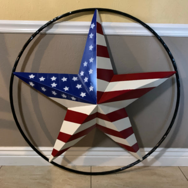 AMERICAN Flag USA Metal Barn Star RED WHITE & BLUE with Black Rope Ring Western Home Decor Handmade 12",16",24",30",34",36",40",48"