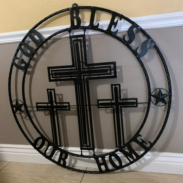 40"GOD BLESS OUR HOME CRUCIFIX CROSS METAL WALL ART BLACK HANDMADE NEW